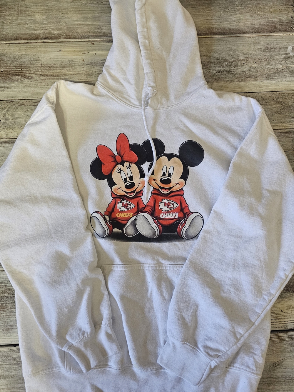 White Hoodie with Red Mickey & Minnie Chiefs Graphic